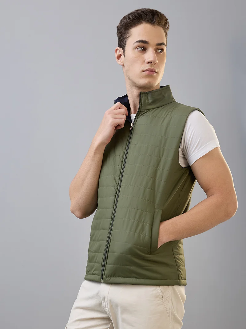 globus Globus Men Olive Mock Neck Front Zip Reversible Quilted Insulator Winter Jacket